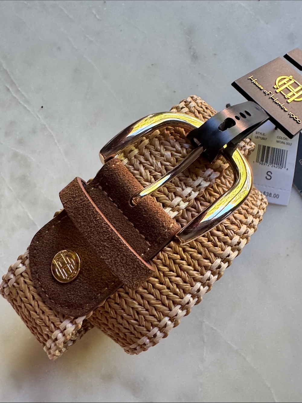 House of Harlow 1960 Brown Woven Suede-Trim Belt with Gold Buckle